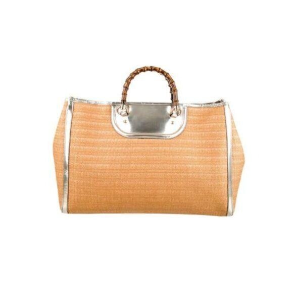 Gucci XL Bamboo Raffia Tote Bag With Gold-Tone Hardware & Leather Trim - Picture 3 of 13